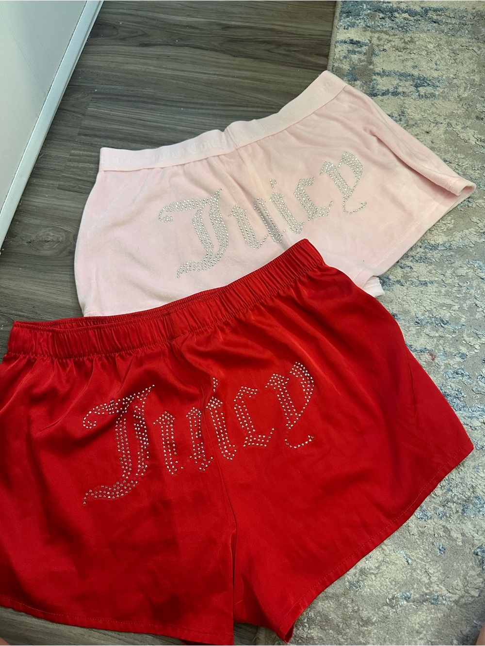 Juicy Couture Red & Light Pink Rhinestone 'Juicy' Lounge Shorts Duo